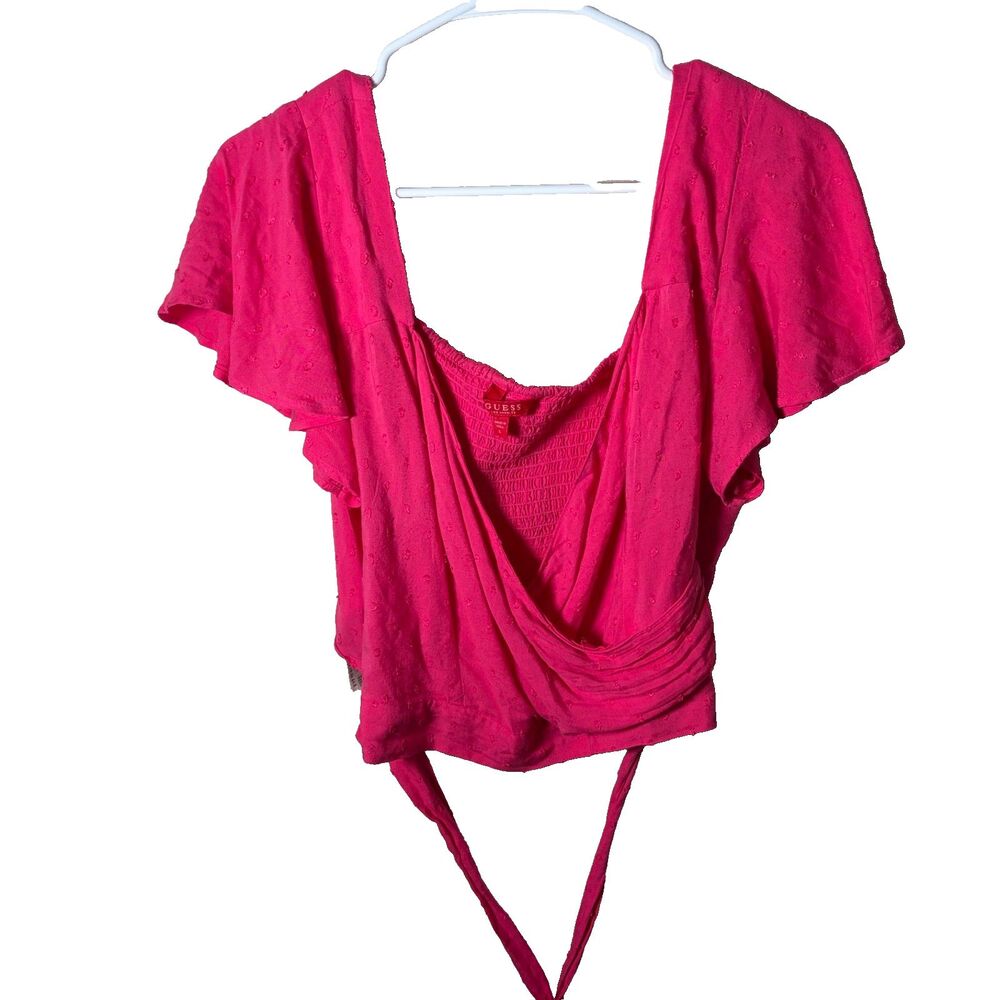 Guess Blouse Women's Large Pink Smocked Cropped Wrap Short Sleeve Tie Top
